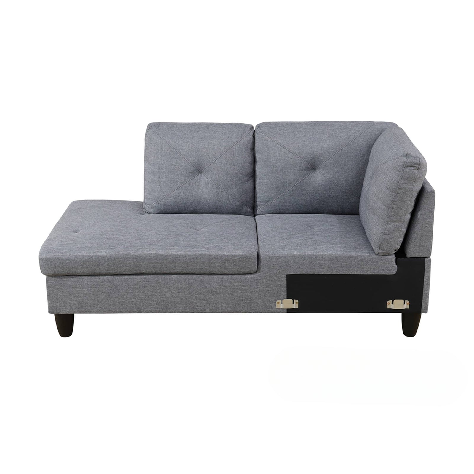 Gray fabric sectional sofa with tufted back cushions and chaise