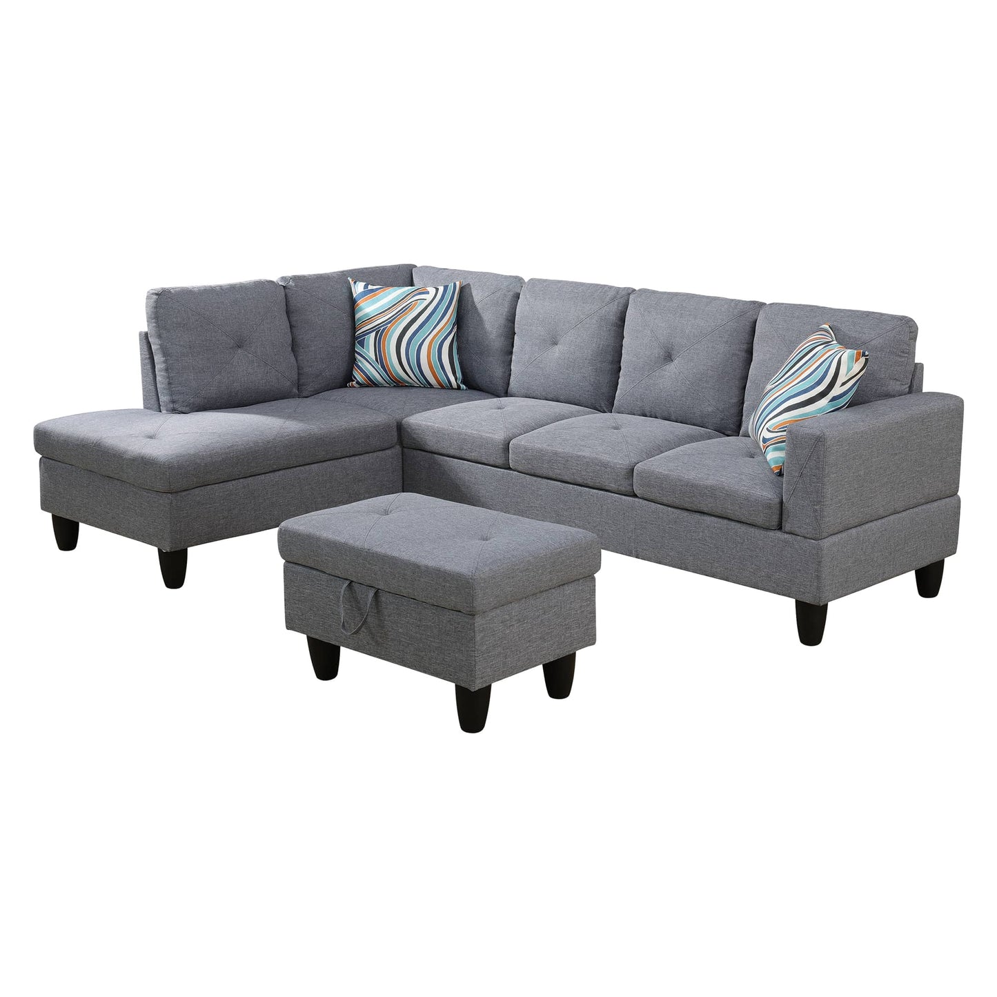 Gray fabric sectional sofa with chaise and matching storage ottoman