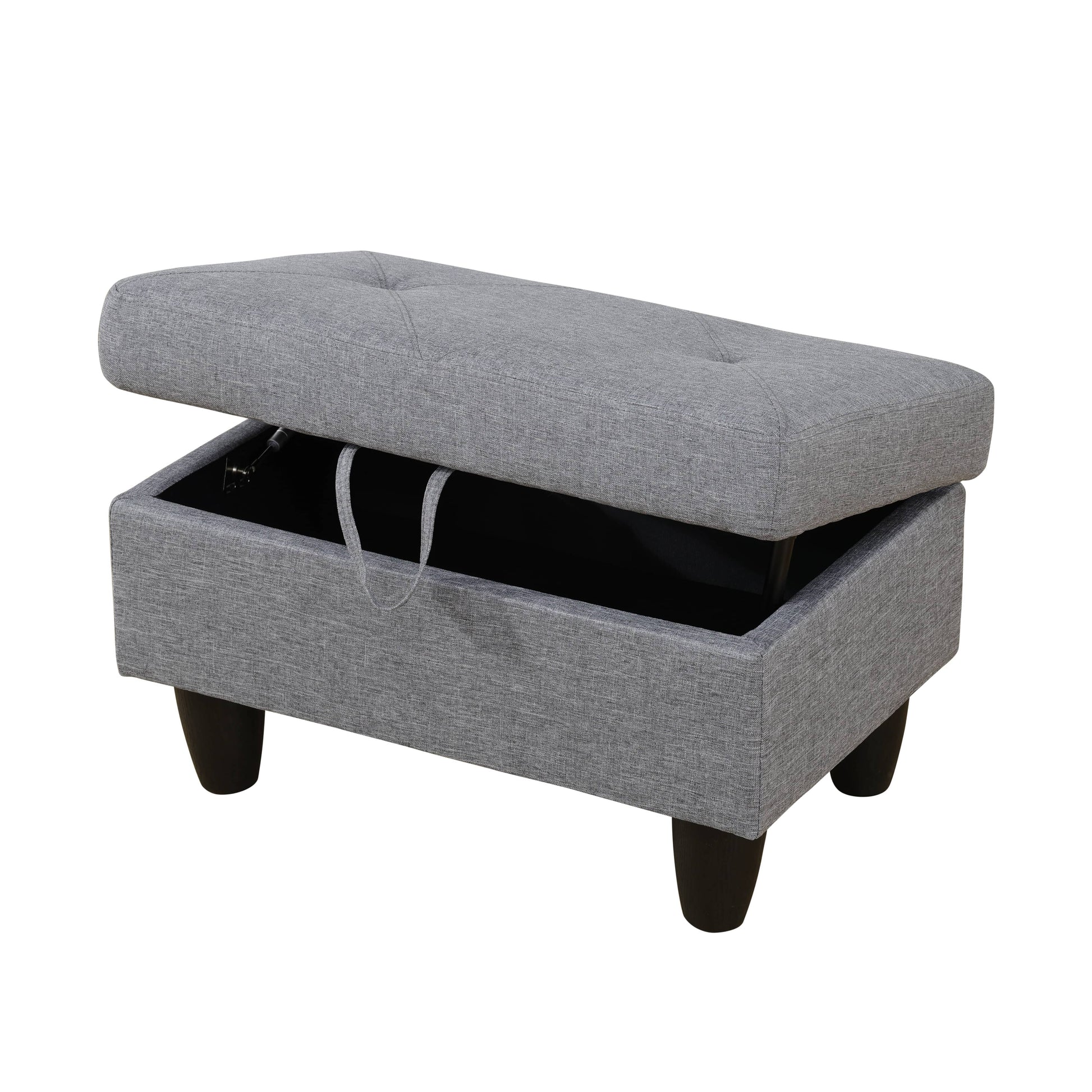 Tufted grey fabric storage ottoman with black legs