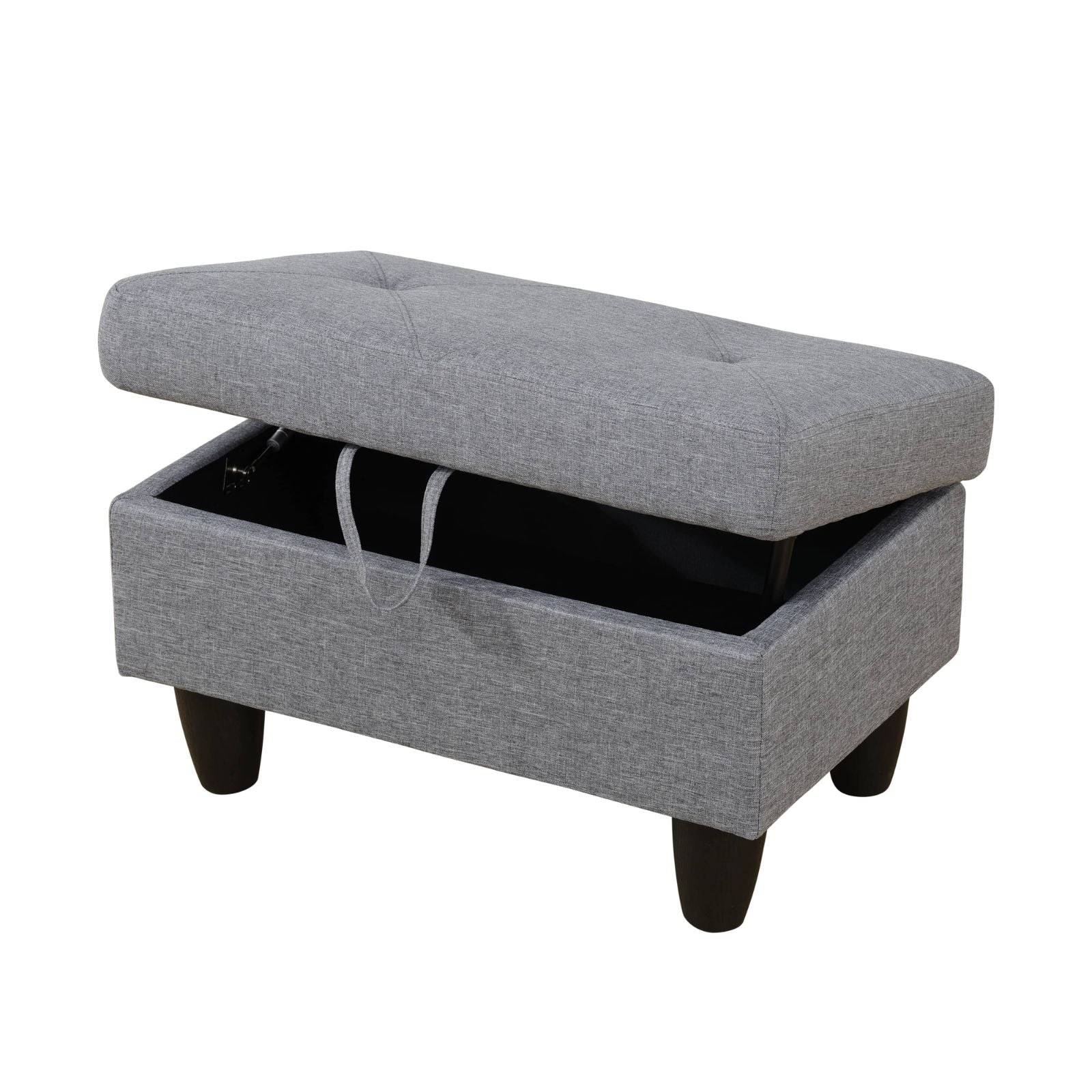 Grey linen storage ottoman with tufted lid and wooden legs