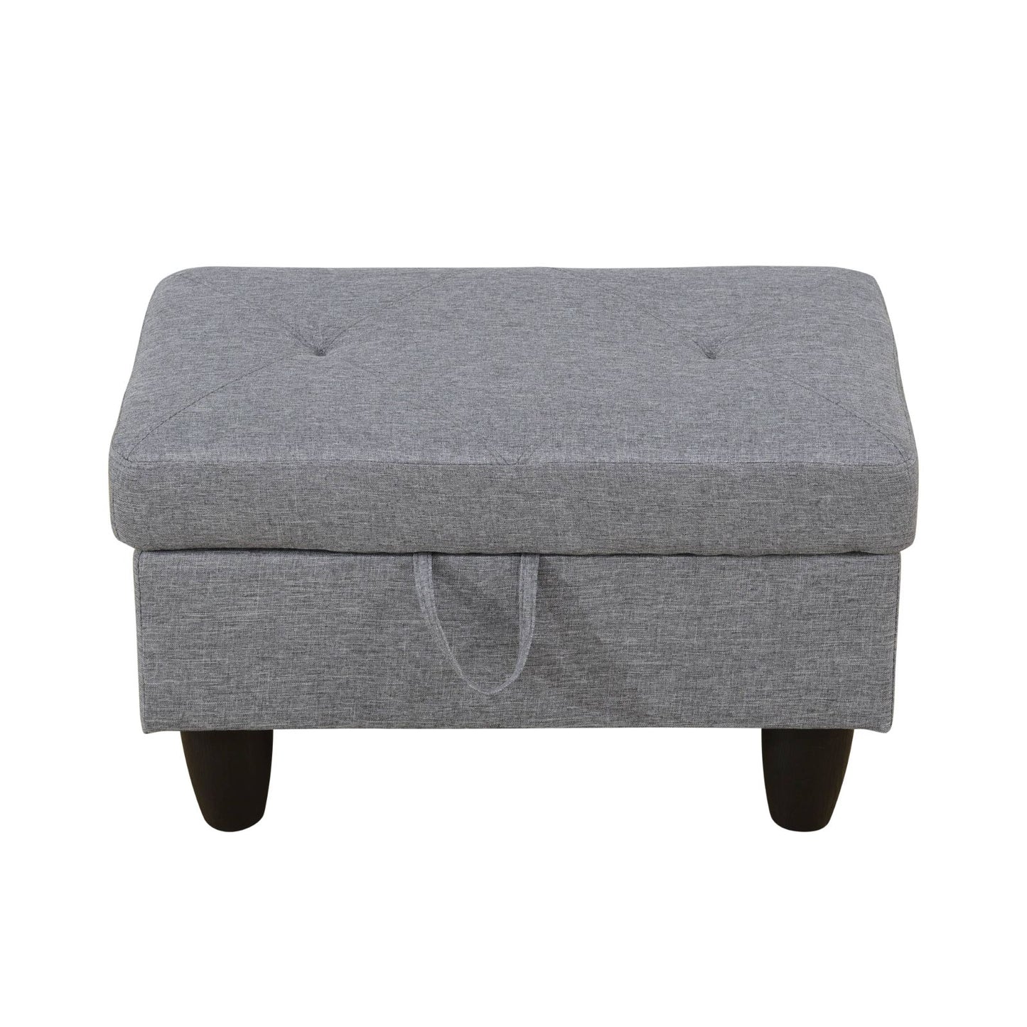 Gray fabric storage ottoman with button tufting and dark wood legs