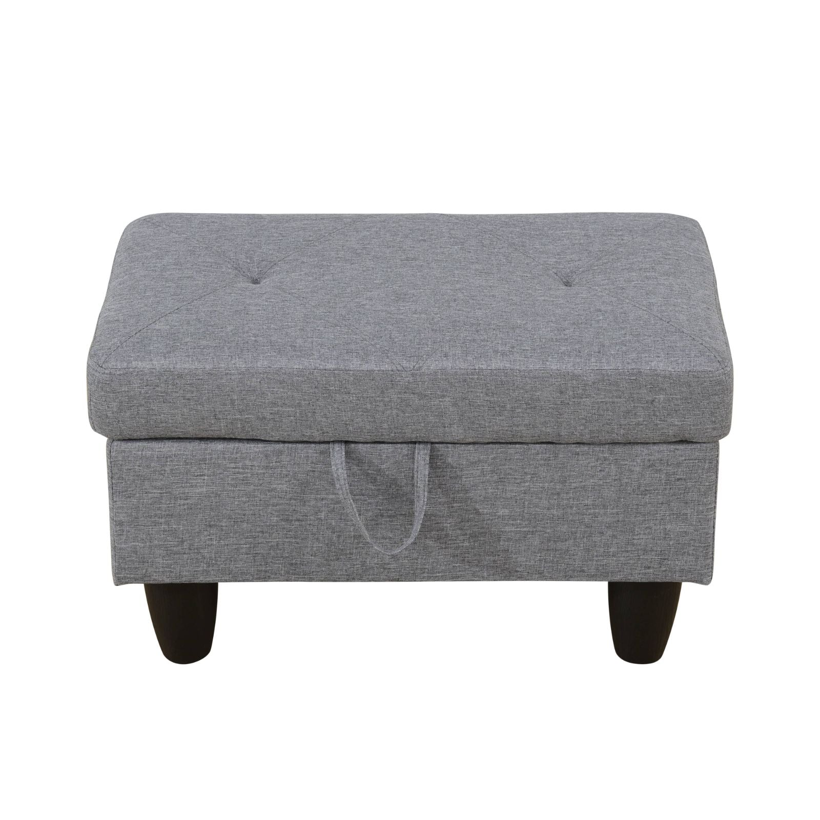 Gray fabric storage ottoman with button tufting and dark wood legs