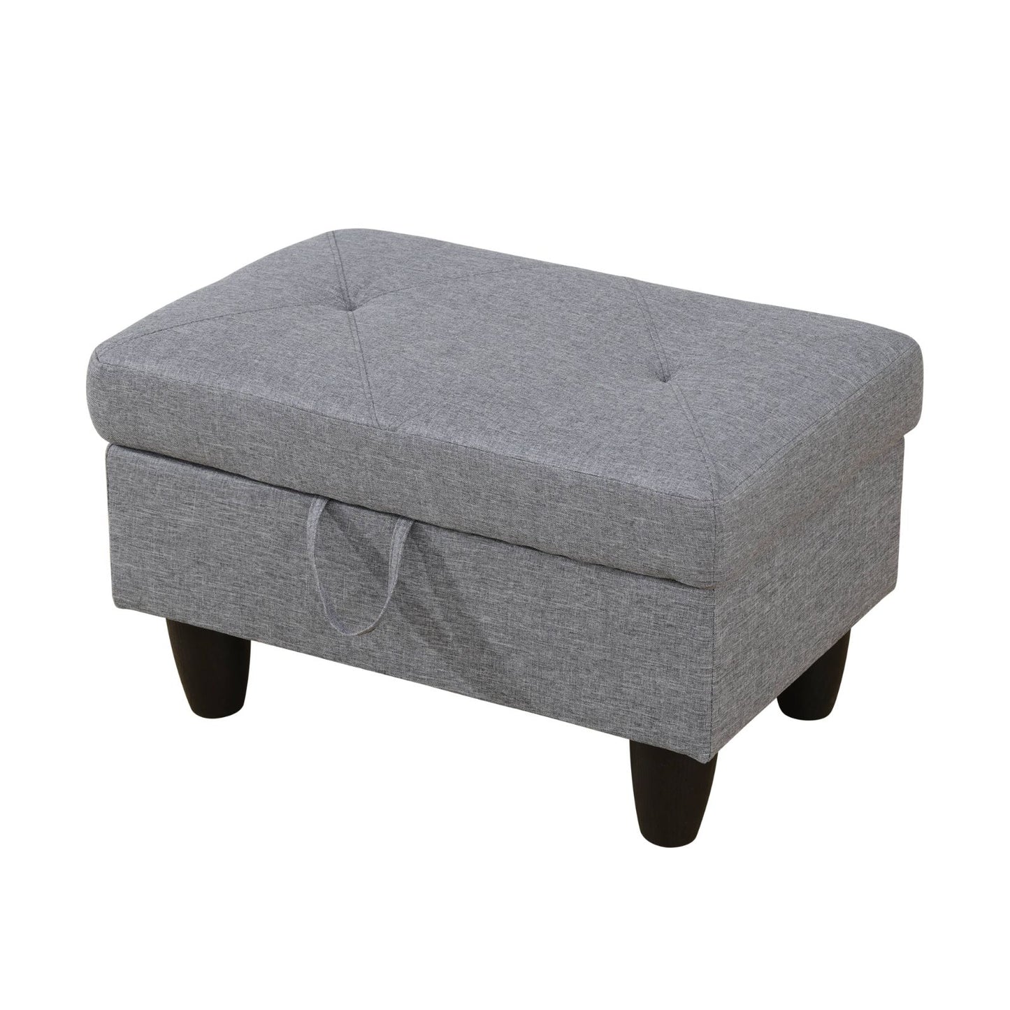 Gray upholstered storage ottoman with tufted lid and black legs