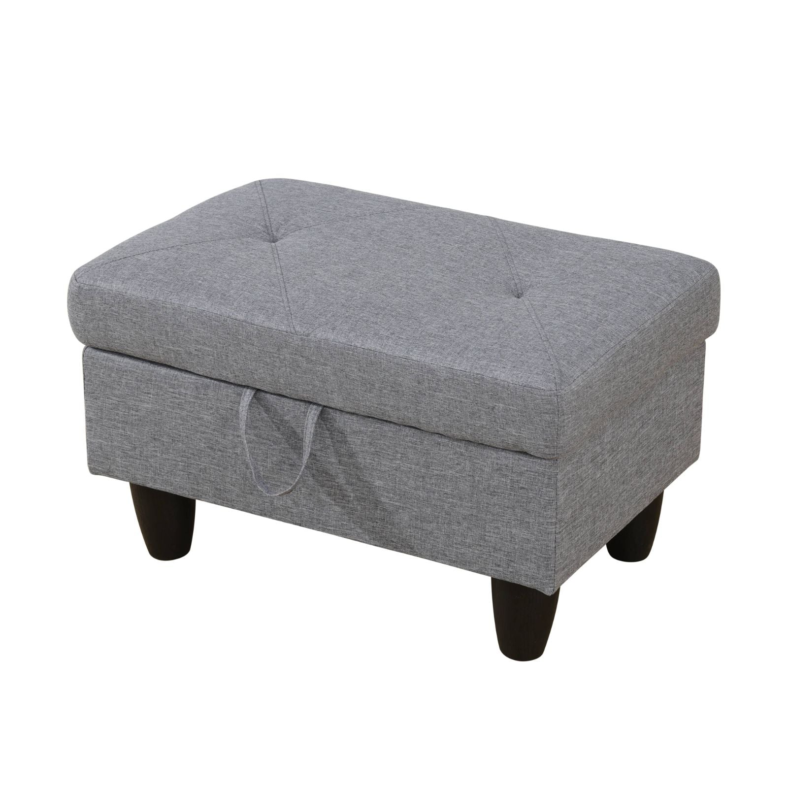 Gray upholstered storage ottoman with tufted lid and black legs