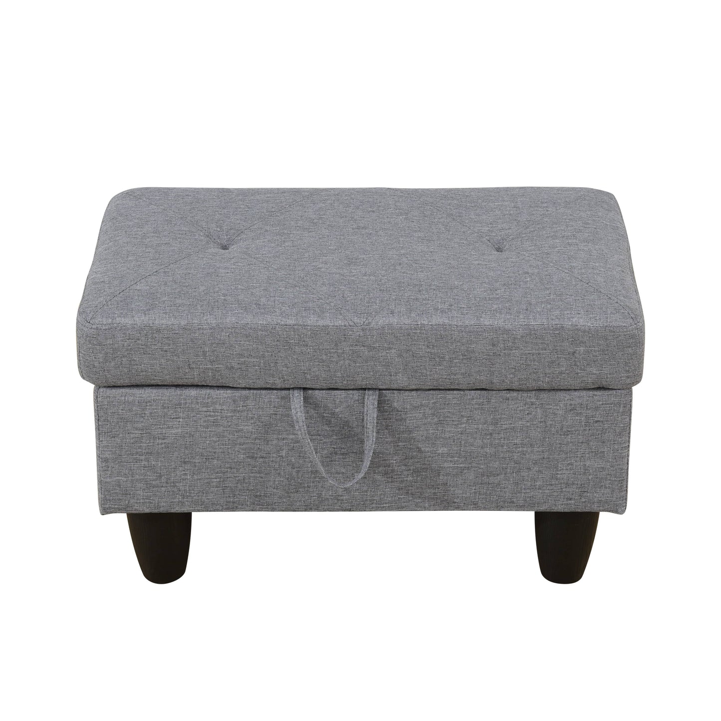 Grey fabric storage ottoman with tufted lid and dark legs