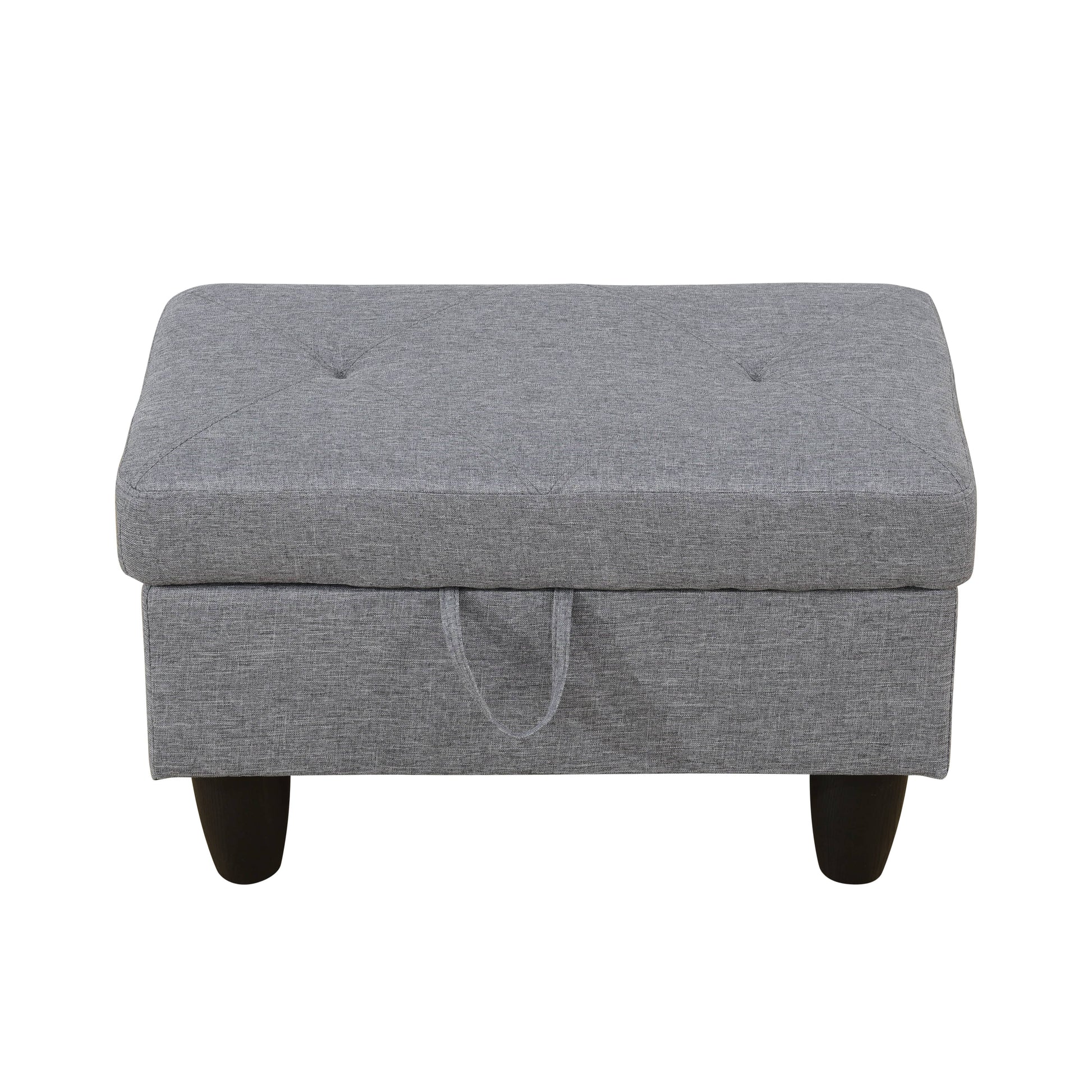 Grey fabric storage ottoman with tufted lid and dark legs
