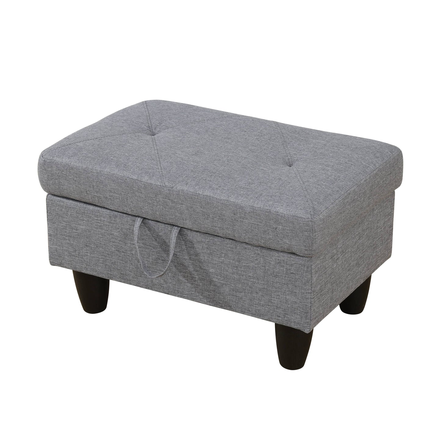 Gray fabric storage ottoman with tufted top and dark wooden legs