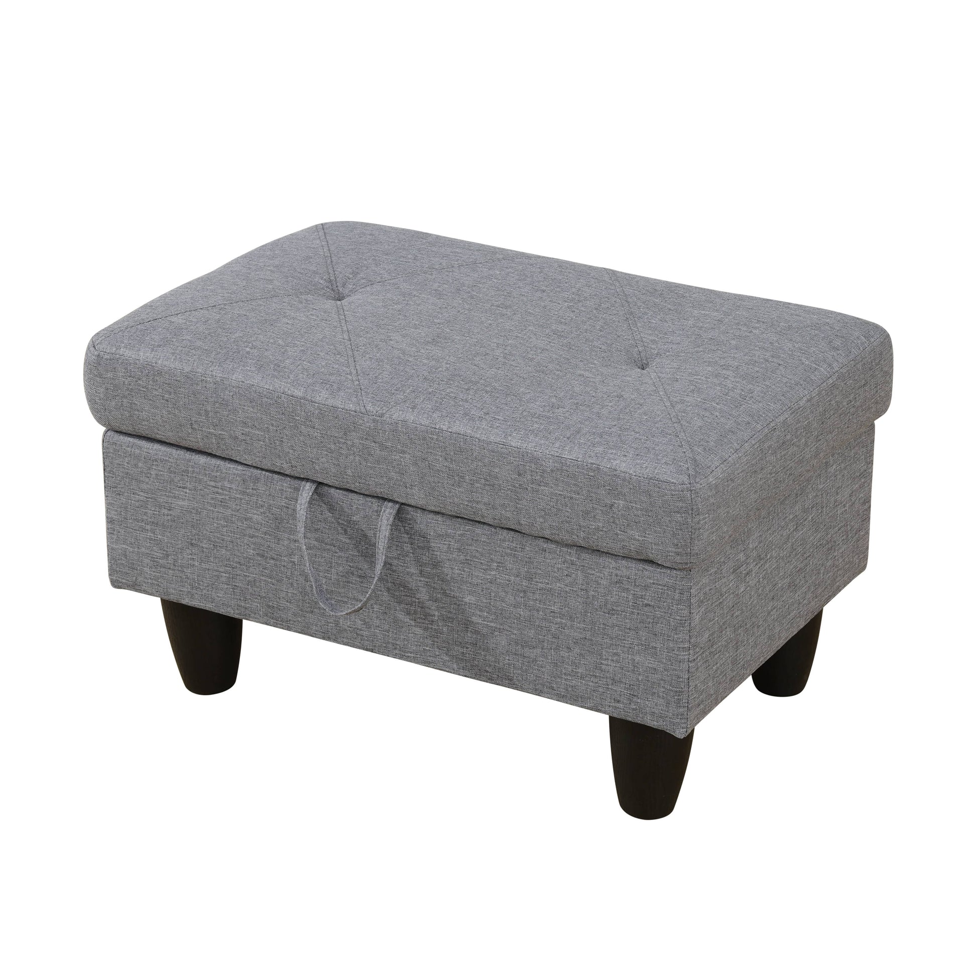 Gray fabric storage ottoman with tufted top and dark wooden legs