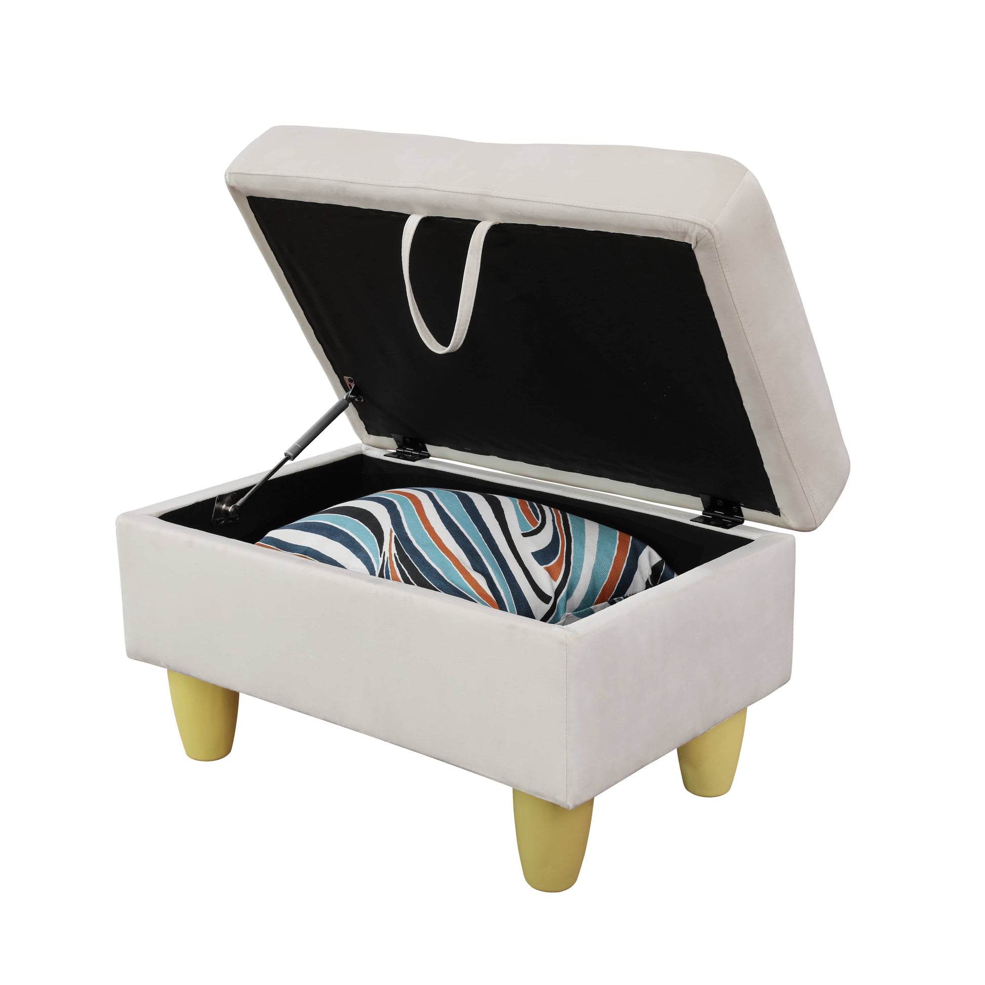Cream velvet storage ottoman with open lid revealing patterned cushion