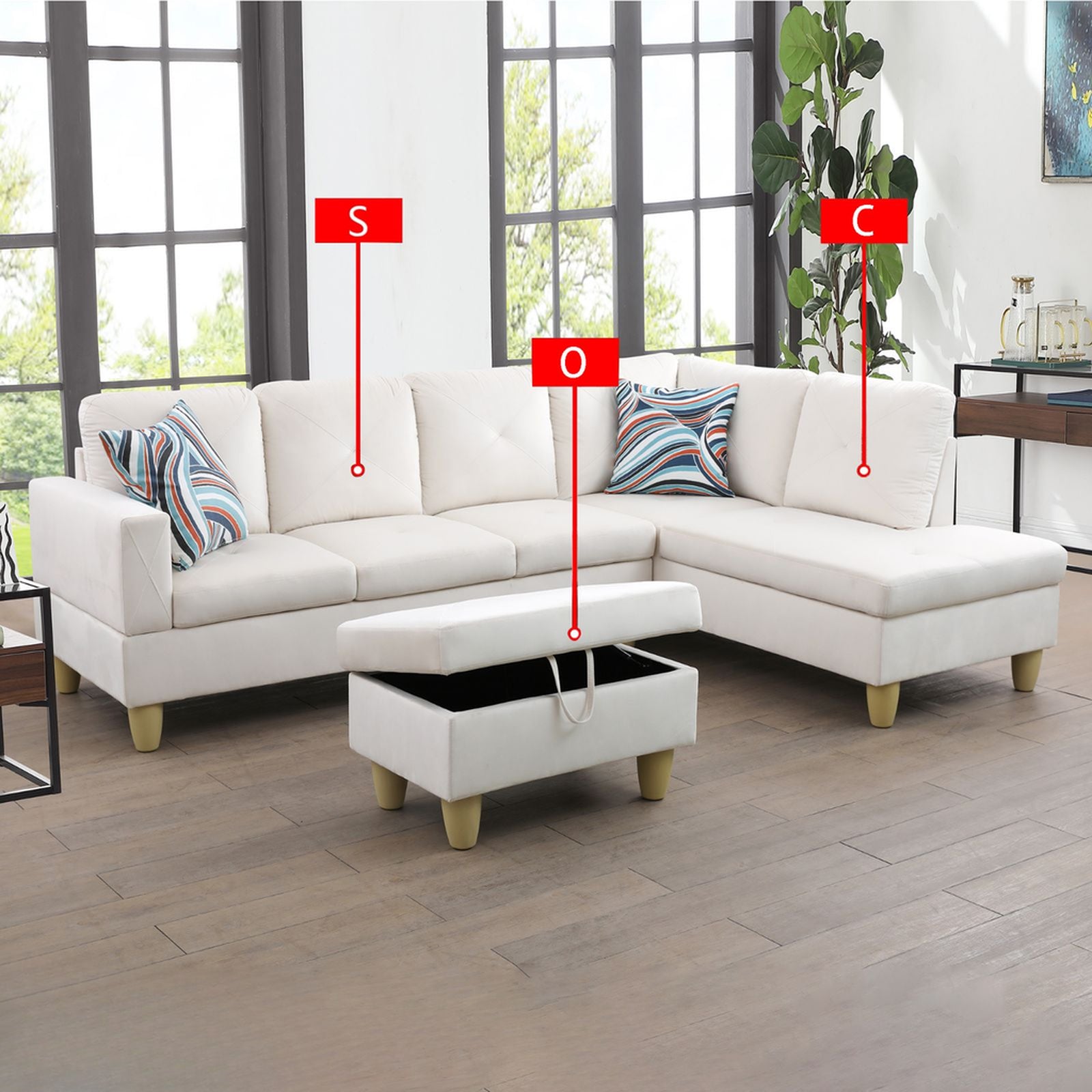 Cream sectional sofa with tufted cushions and storage ottoman
