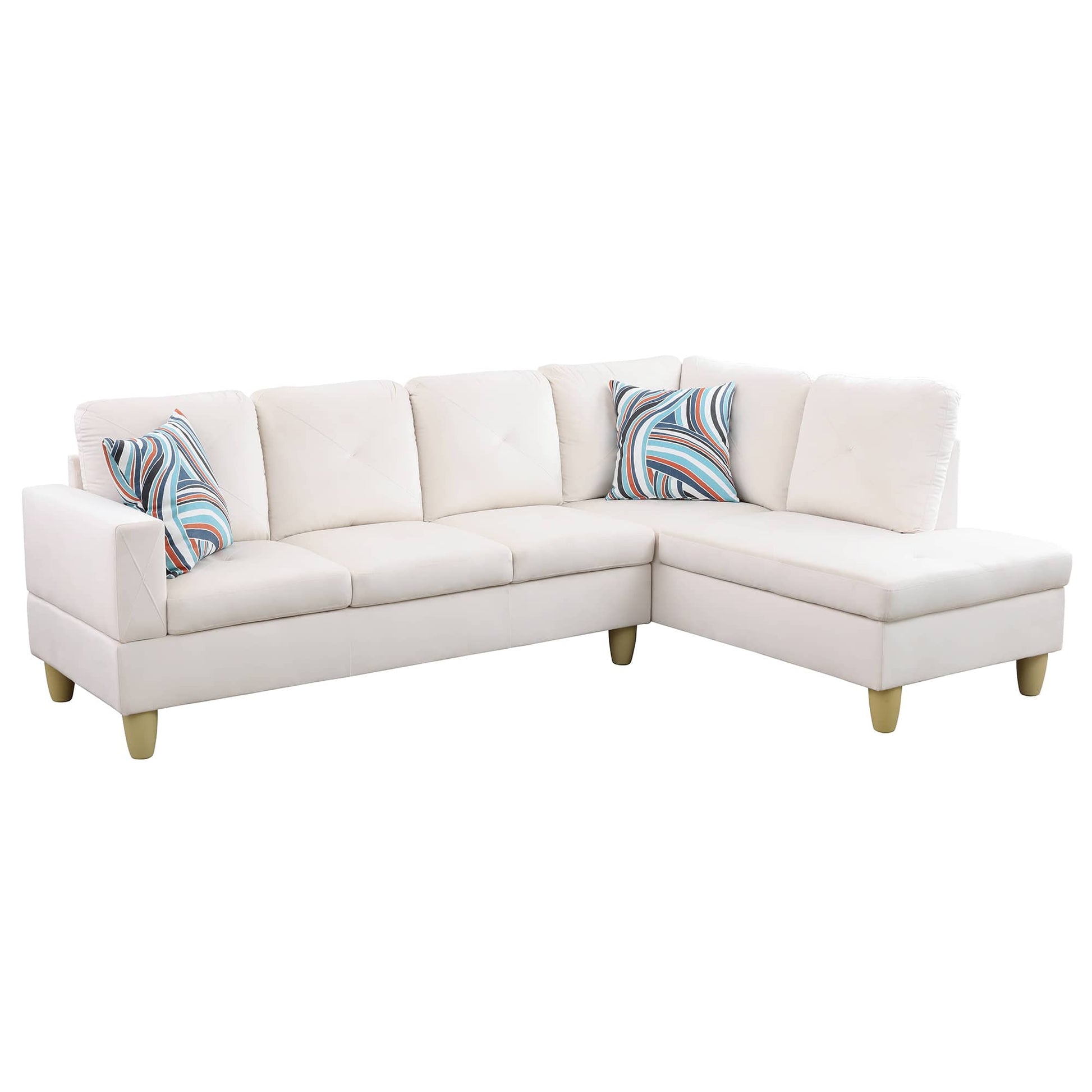 Cream sectional sofa with abstract pattern throw pillows