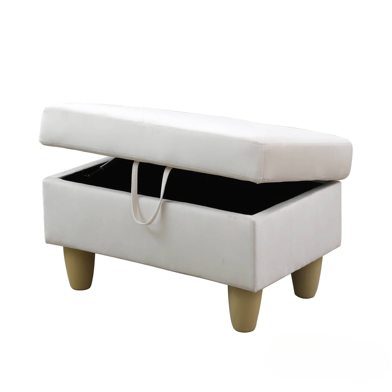 White upholstered storage ottoman with tapered wooden legs