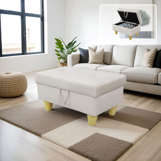 Beige fabric storage ottoman with yellow tapered legs and lifttop