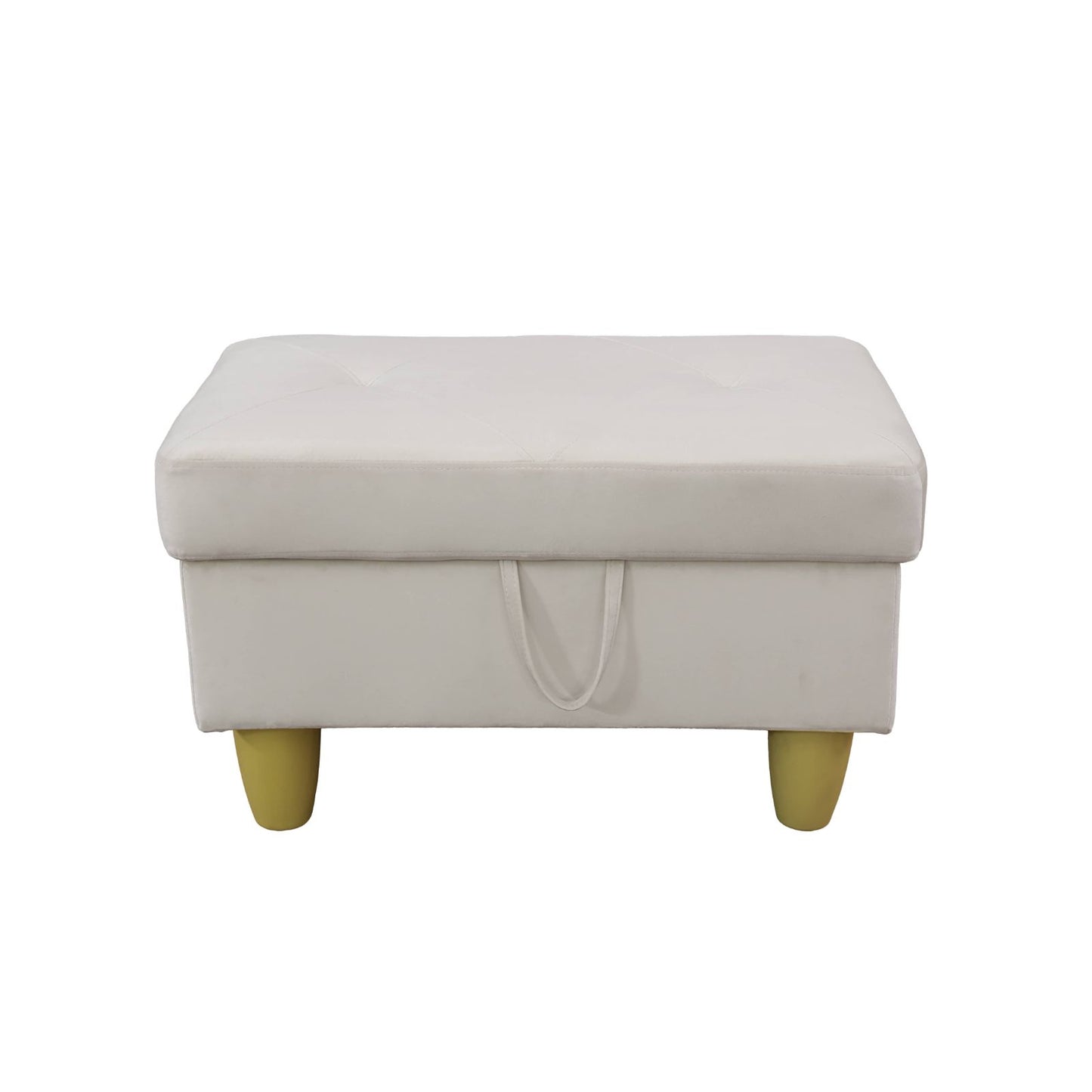 Cream velvet storage ottoman with tufted top and modern gold legs