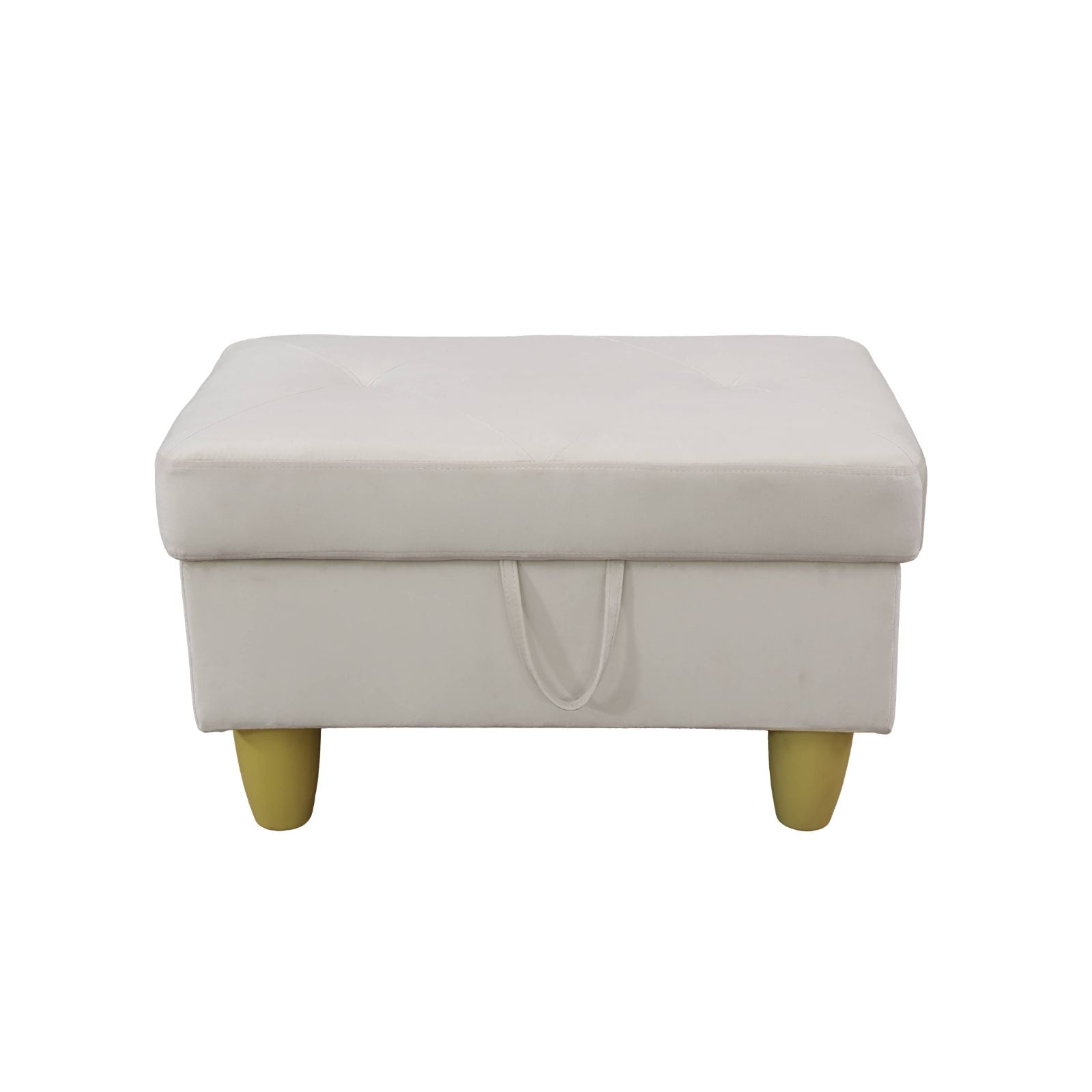 Cream velvet storage ottoman with tufted top and modern gold legs