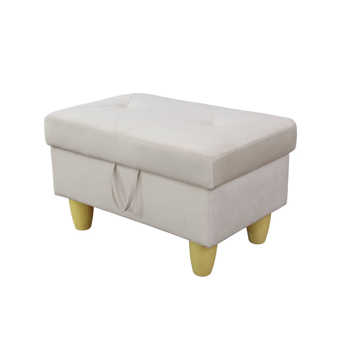 Tufted ivory storage ottoman with yellow tapered legs and fabric pull tab