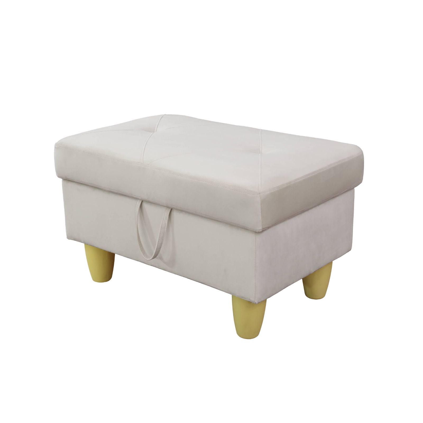 Tufted ivory storage ottoman with yellow tapered legs and fabric pull tab
