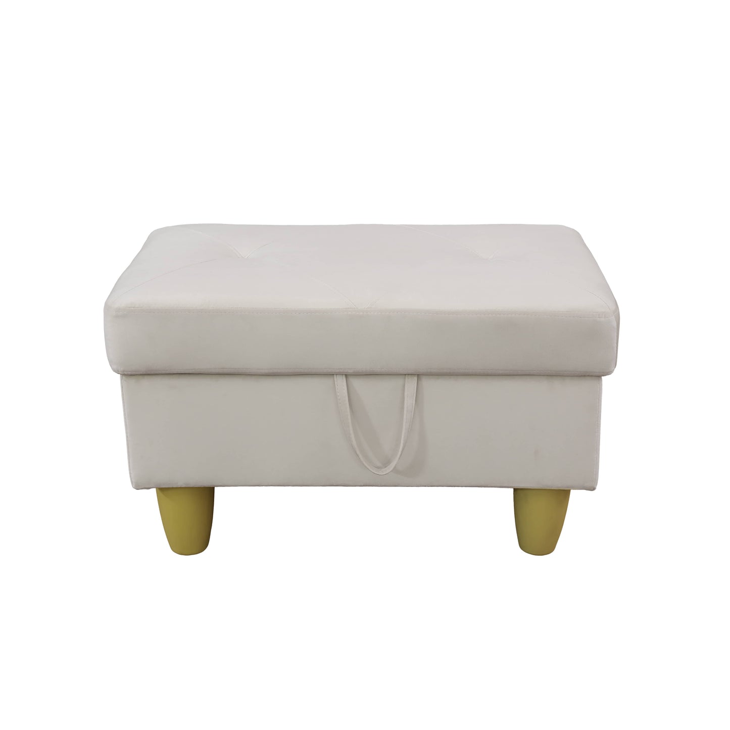 Tufted cream fabric storage ottoman with a lifttop lid and gold tapered legs