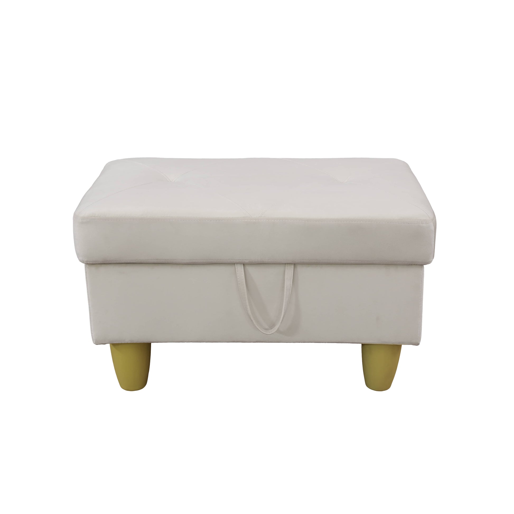 Tufted cream fabric storage ottoman with a lifttop lid and gold tapered legs