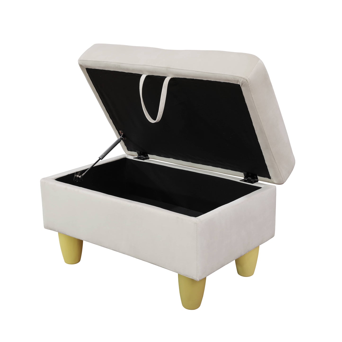 Cream velvet storage ottoman with hinged lid and yellow tapered legs