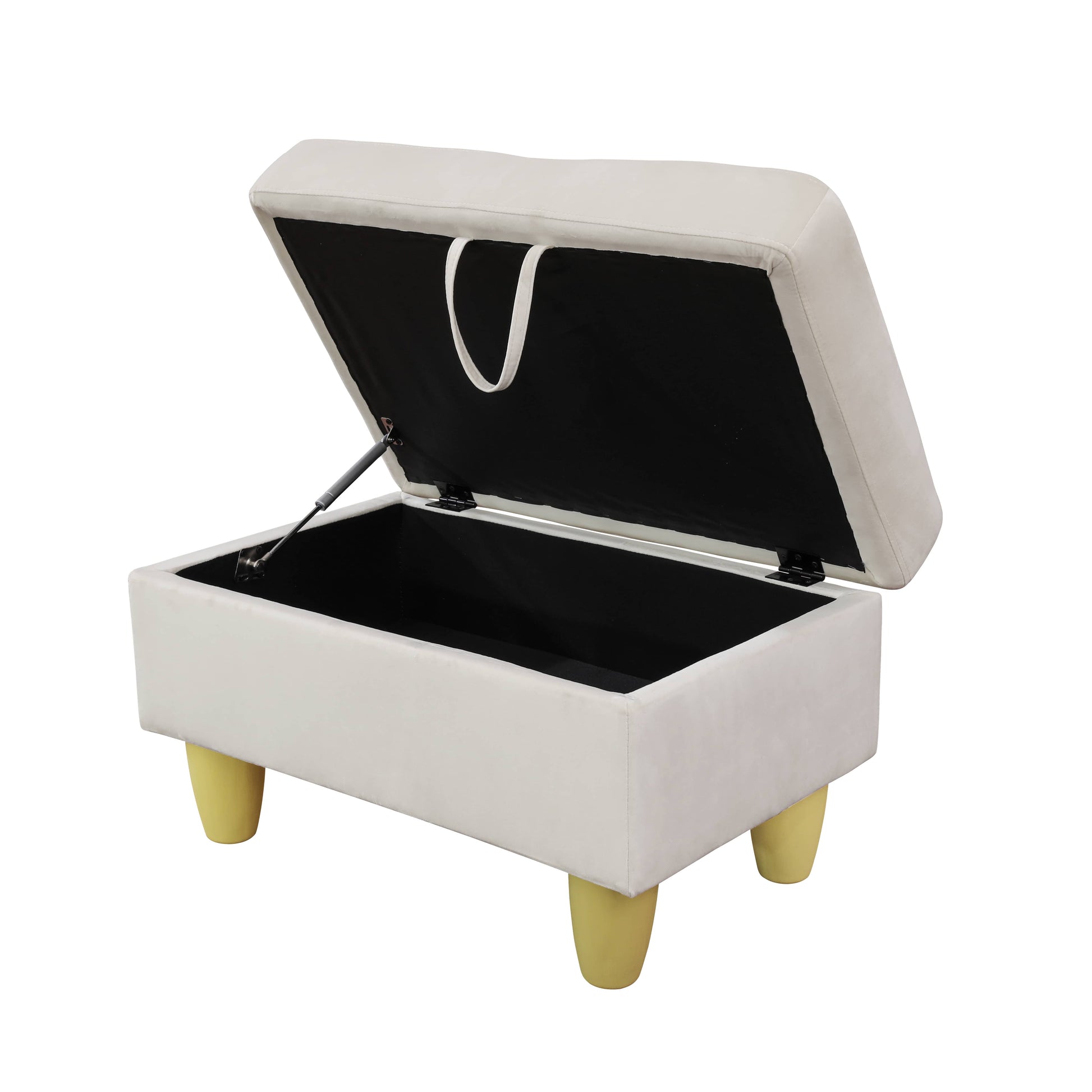 Cream velvet storage ottoman with hinged lid and yellow tapered legs