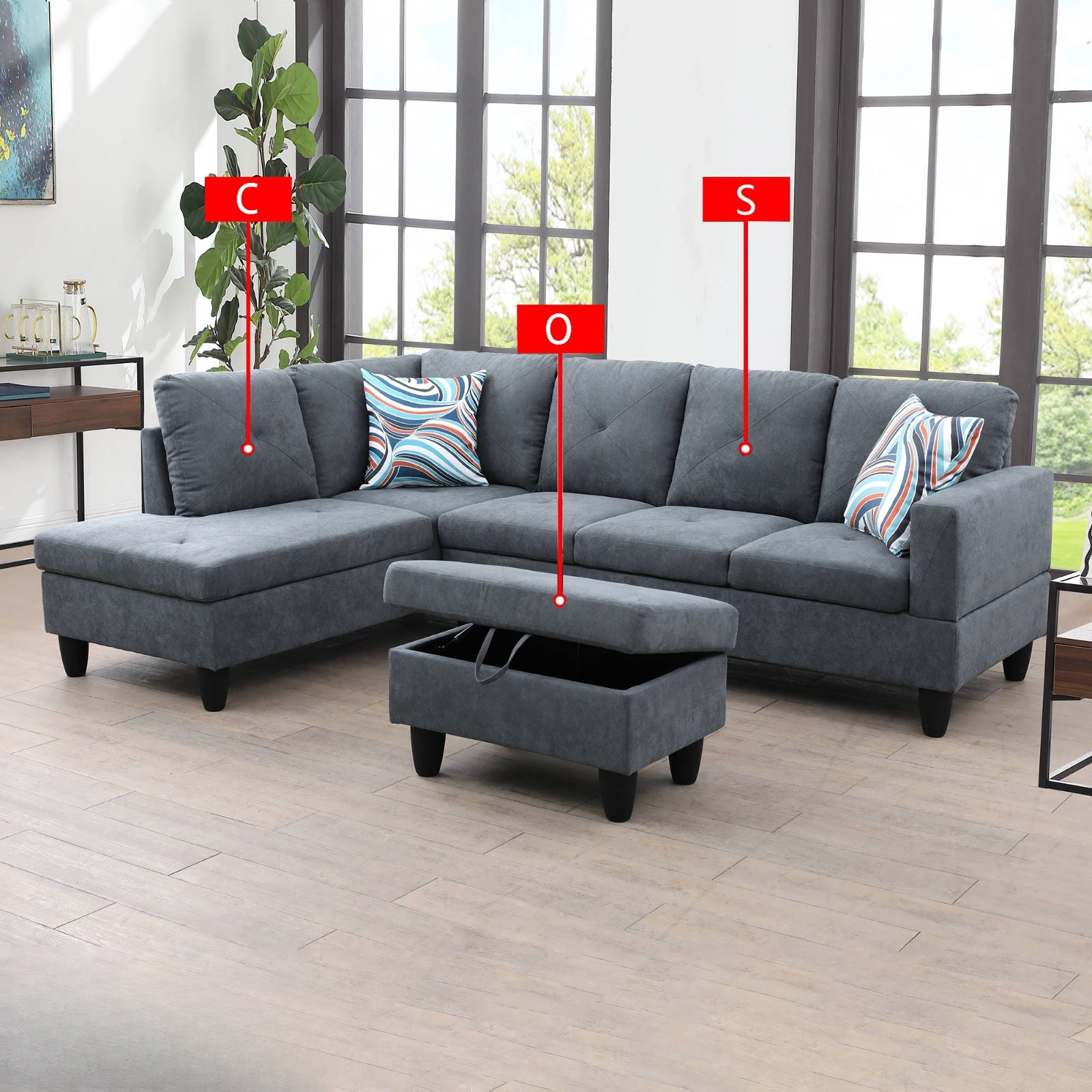 Dark gray fabric sectional sofa with storage ottoman