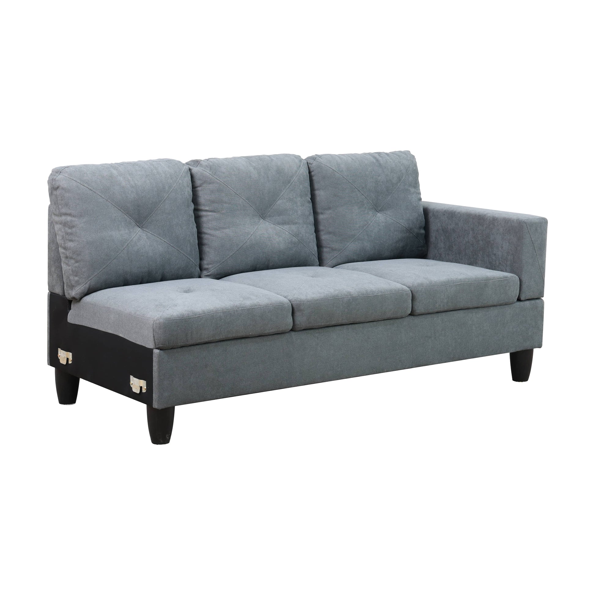 Threeseater gray fabric couch with tufted back cushions and dark wood legs