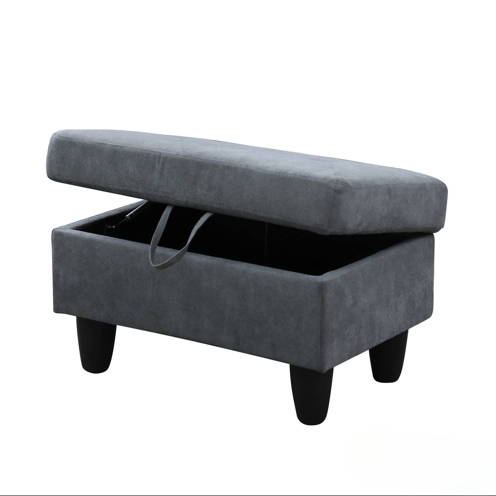 Grey velvet storage ottoman with a hinged lid and black tapered legs