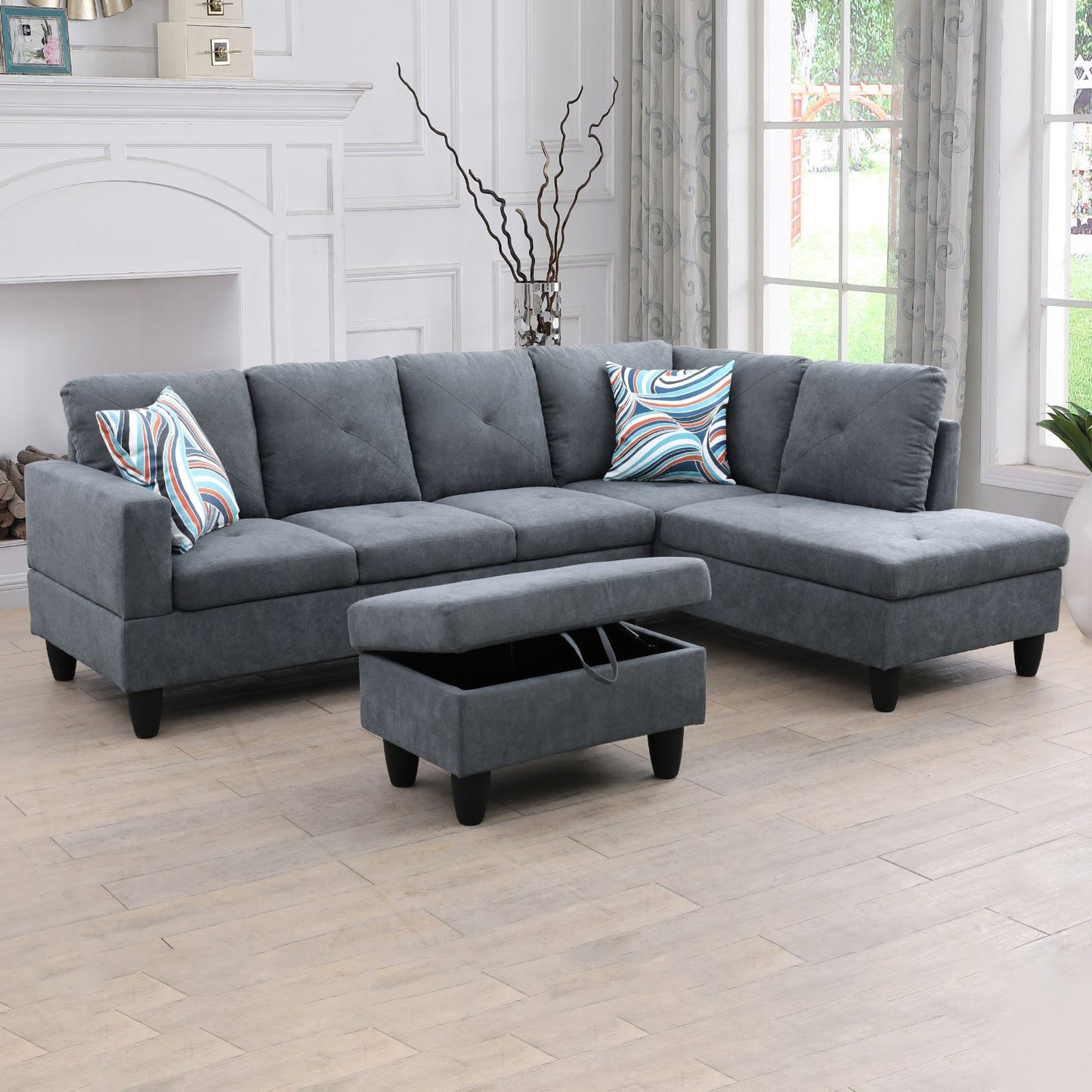 Dark grey sectional sofa with storage ottoman