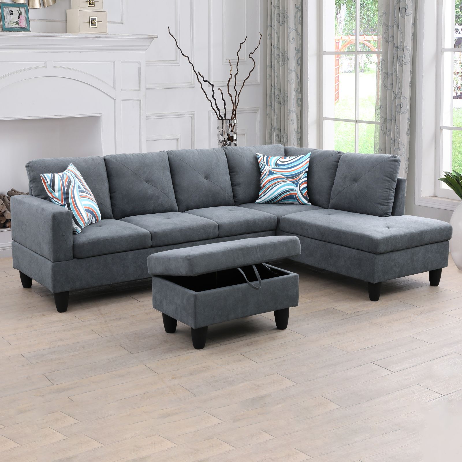 Dark grey sectional sofa with storage ottoman