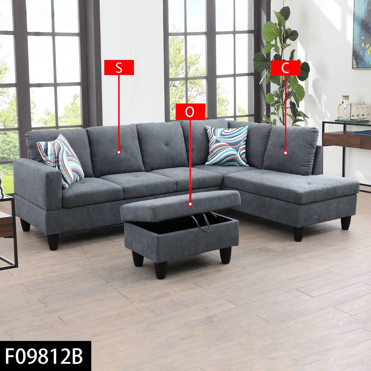 Dark grey fabric sectional sofa with chaise lounge and storage ottoman