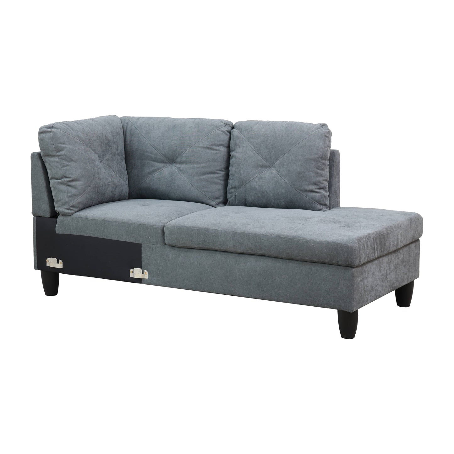 Gray fabric sectional sofa with tufted back cushions and a chaise lounge