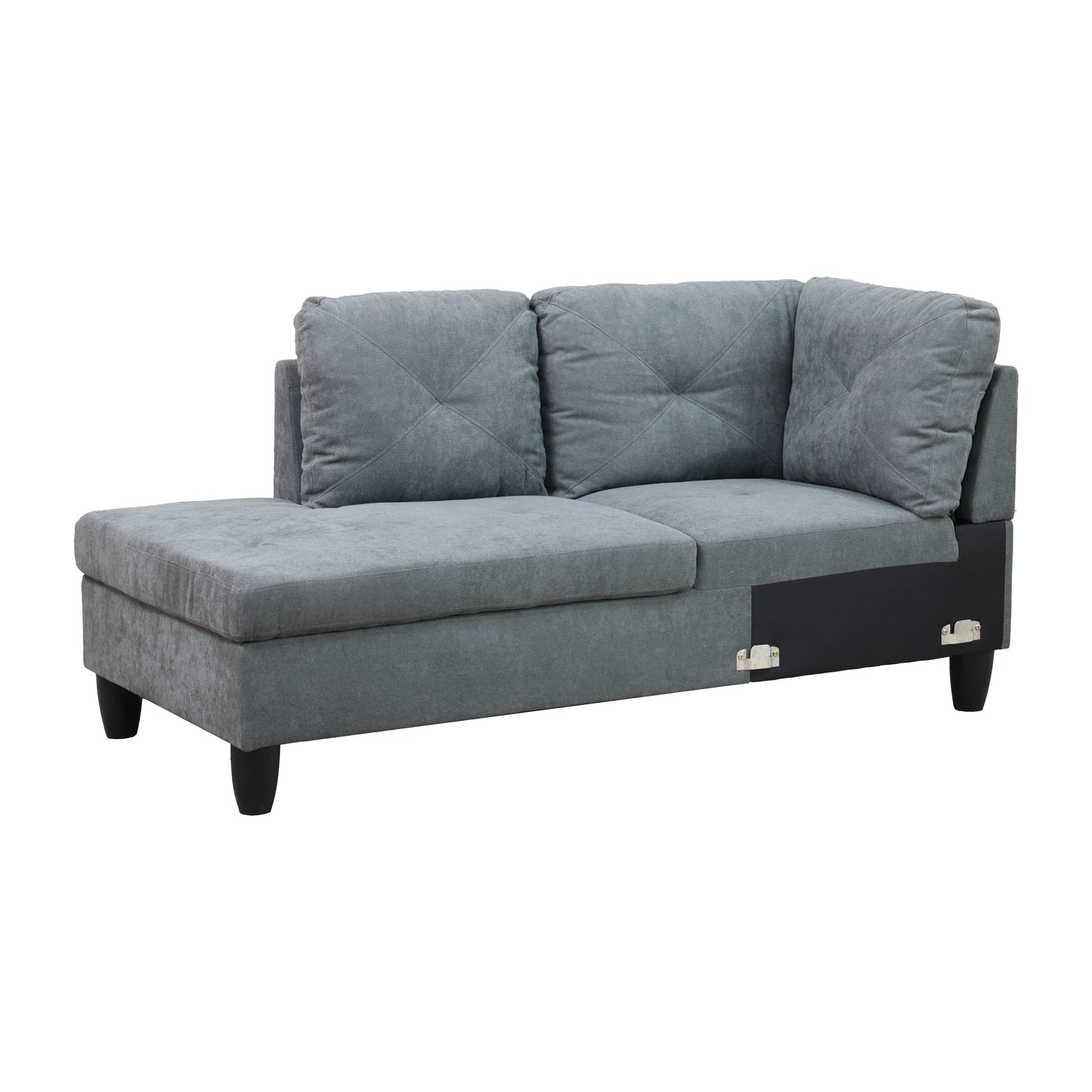 Gray fabric sectional sofa with tufted back cushions and a chaise
