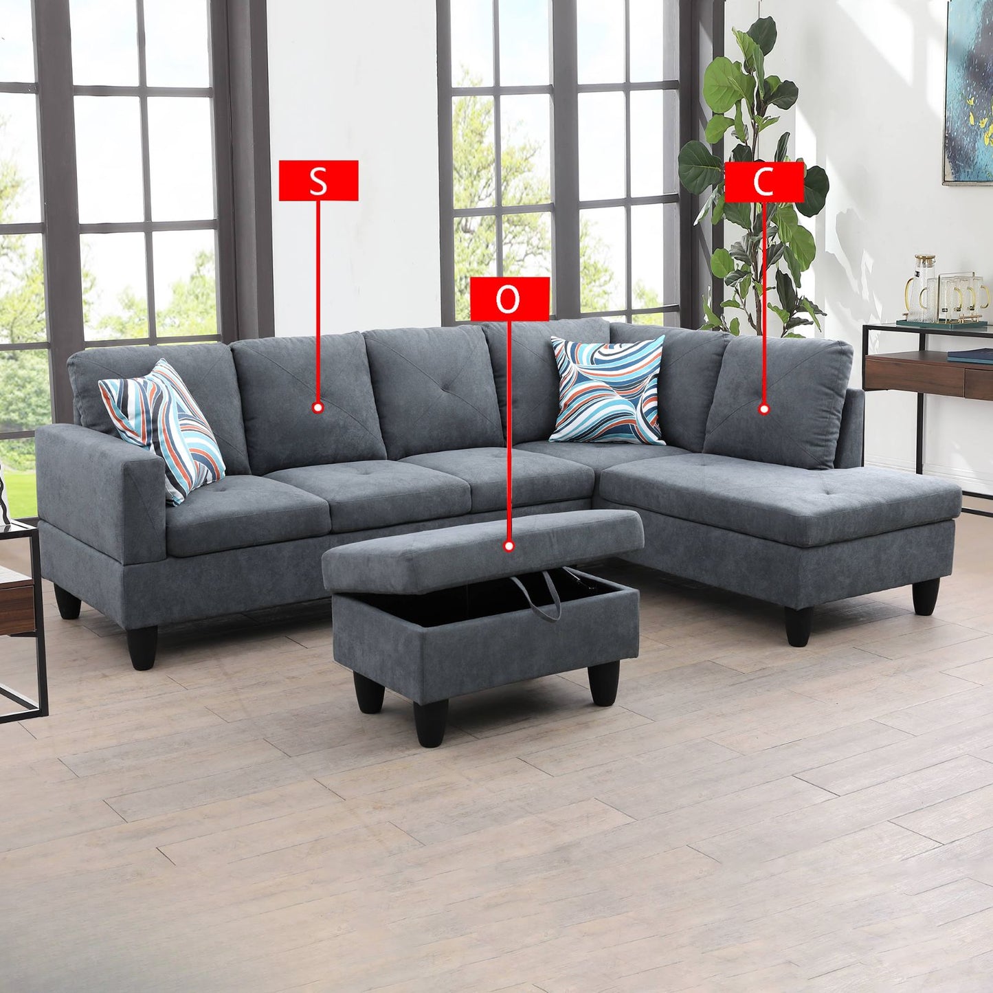 Dark gray fabric sectional sofa with chaise and storage ottoman