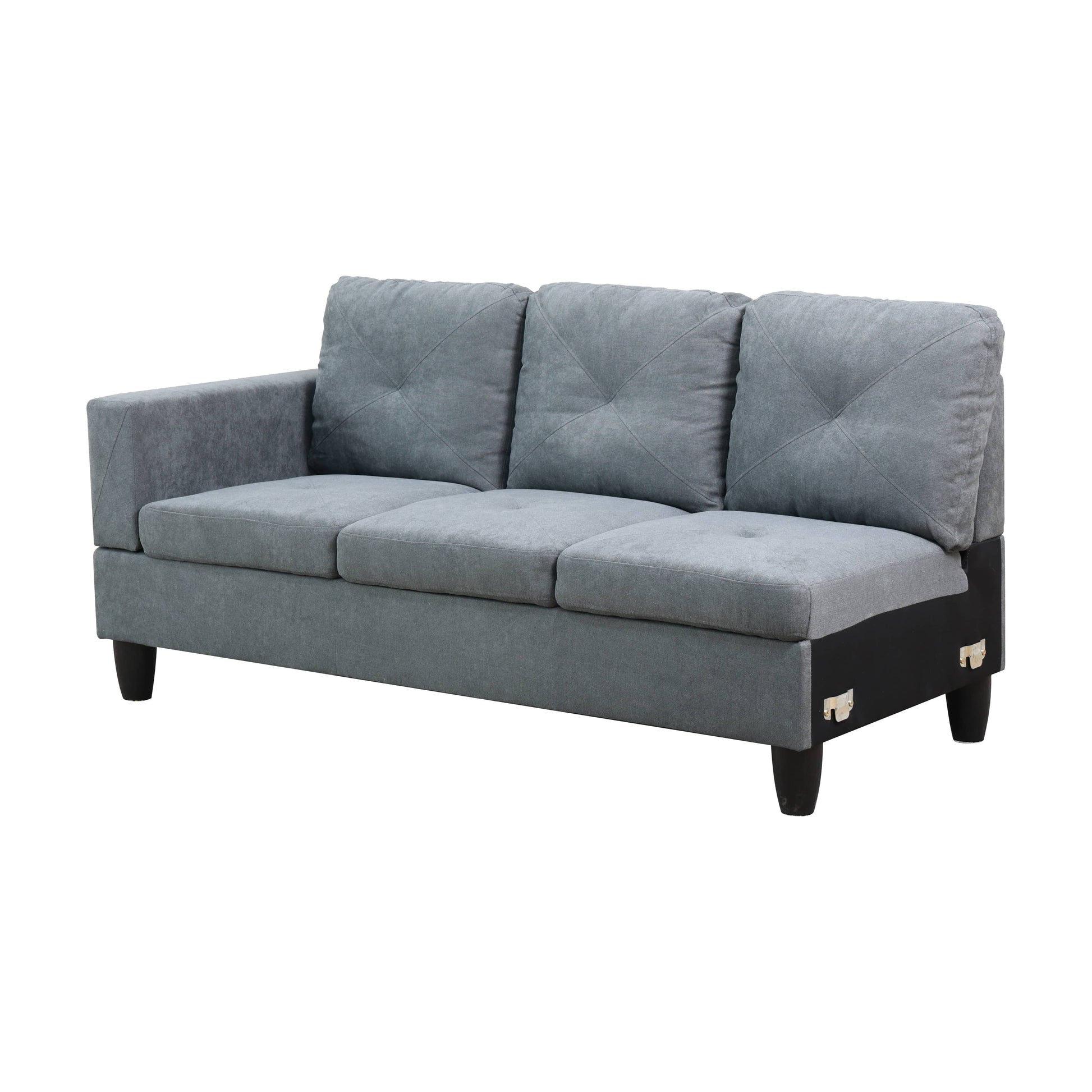 Gray fabric threeseater sofa with tufted back cushions and angled arms