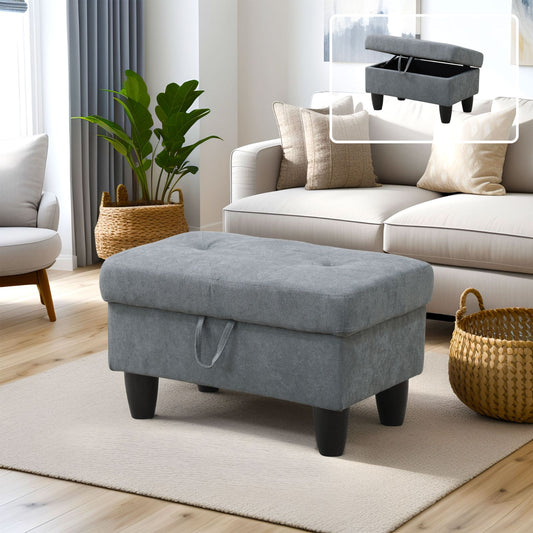 Grey fabric storage ottoman with tufted lid and dark wood legs