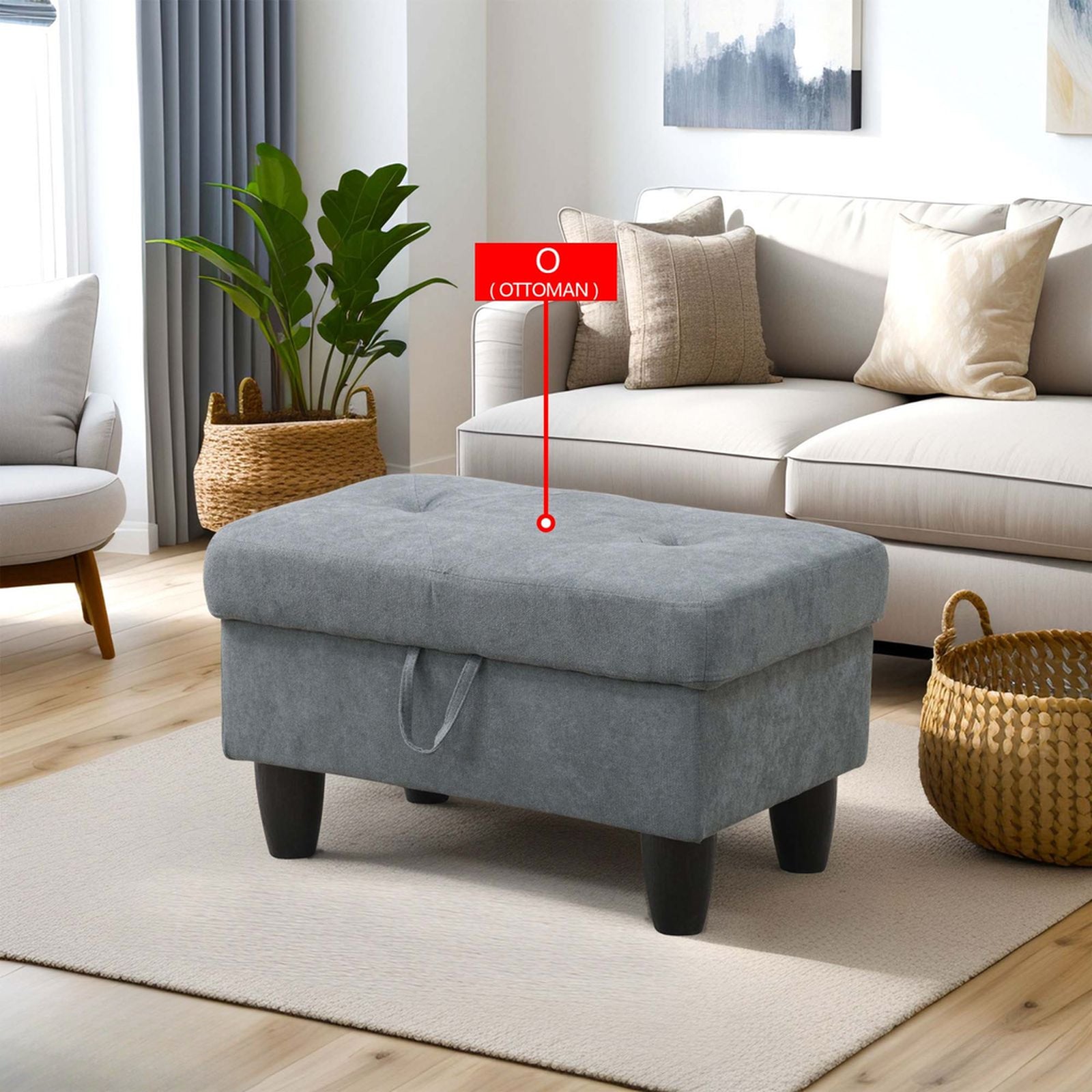 Gray storage ottoman with button tufting and pulltab lid