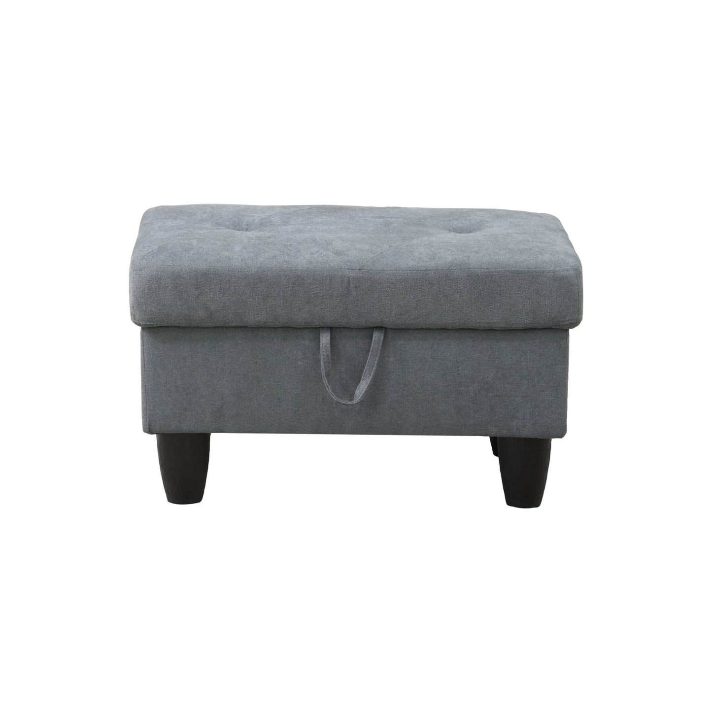 Grey fabric storage ottoman with tufted top and dark wooden legs