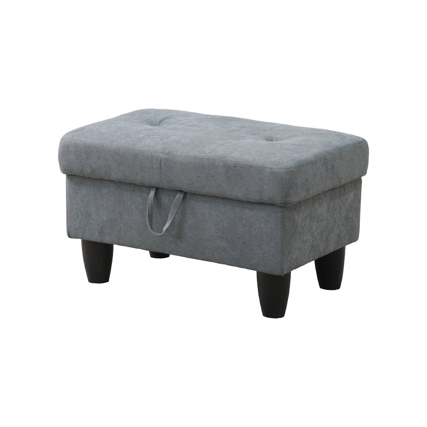 Grey fabric storage ottoman with button tufted lid and dark wooden legs