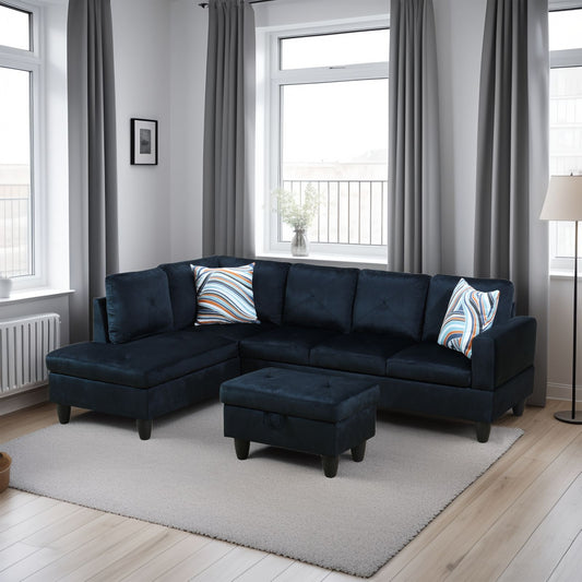 Navy blue velvet sectional sofa with storage ottoman and striped accent pillow