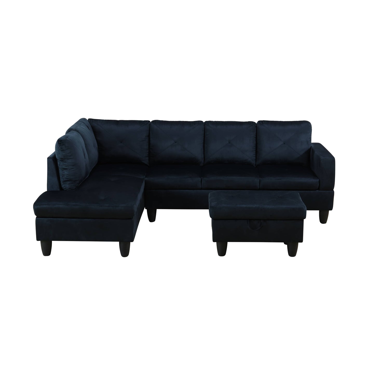 Navy velvet sectional sofa with tufted cushions and storage ottoman