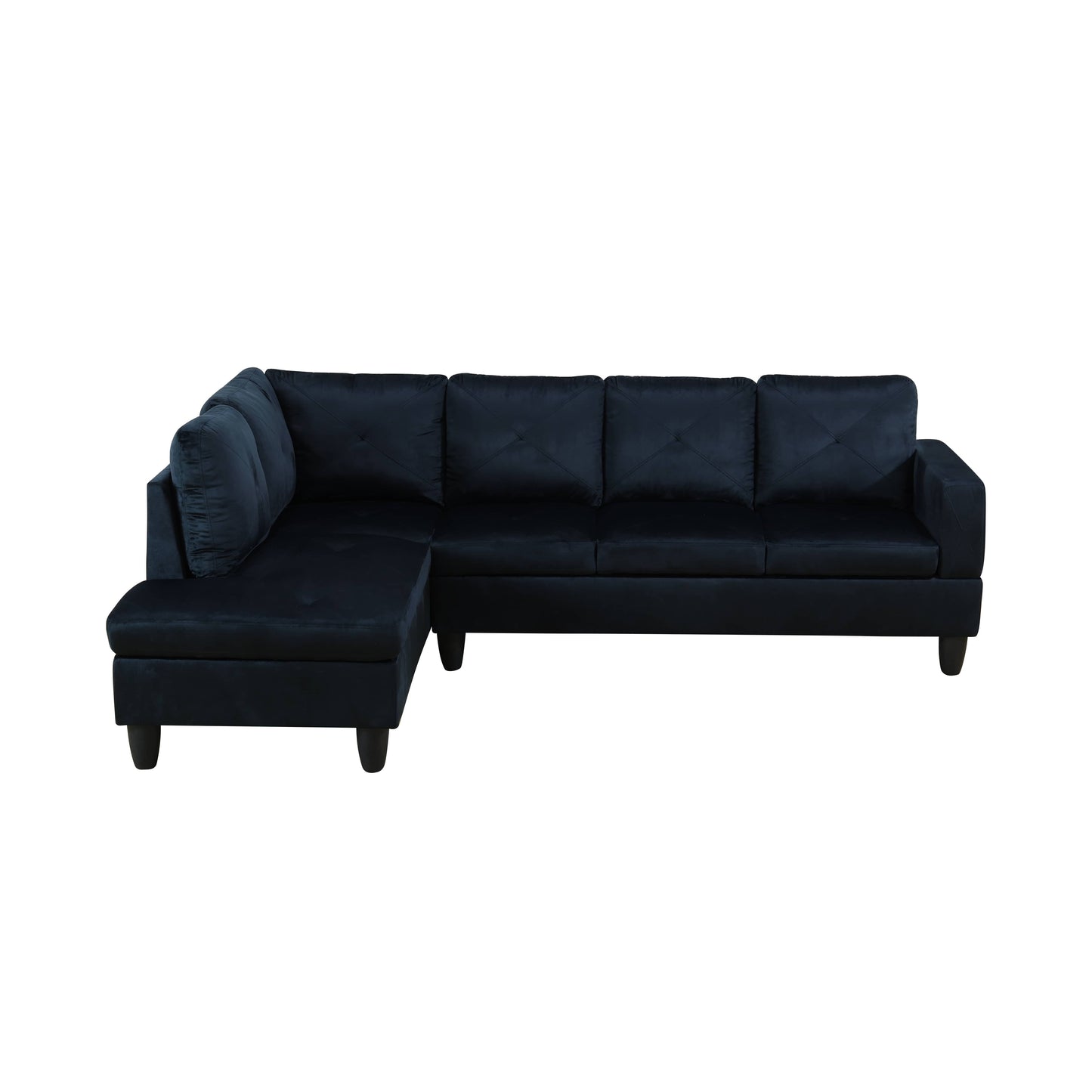 Navy blue velvet sectional sofa with tufted back cushions