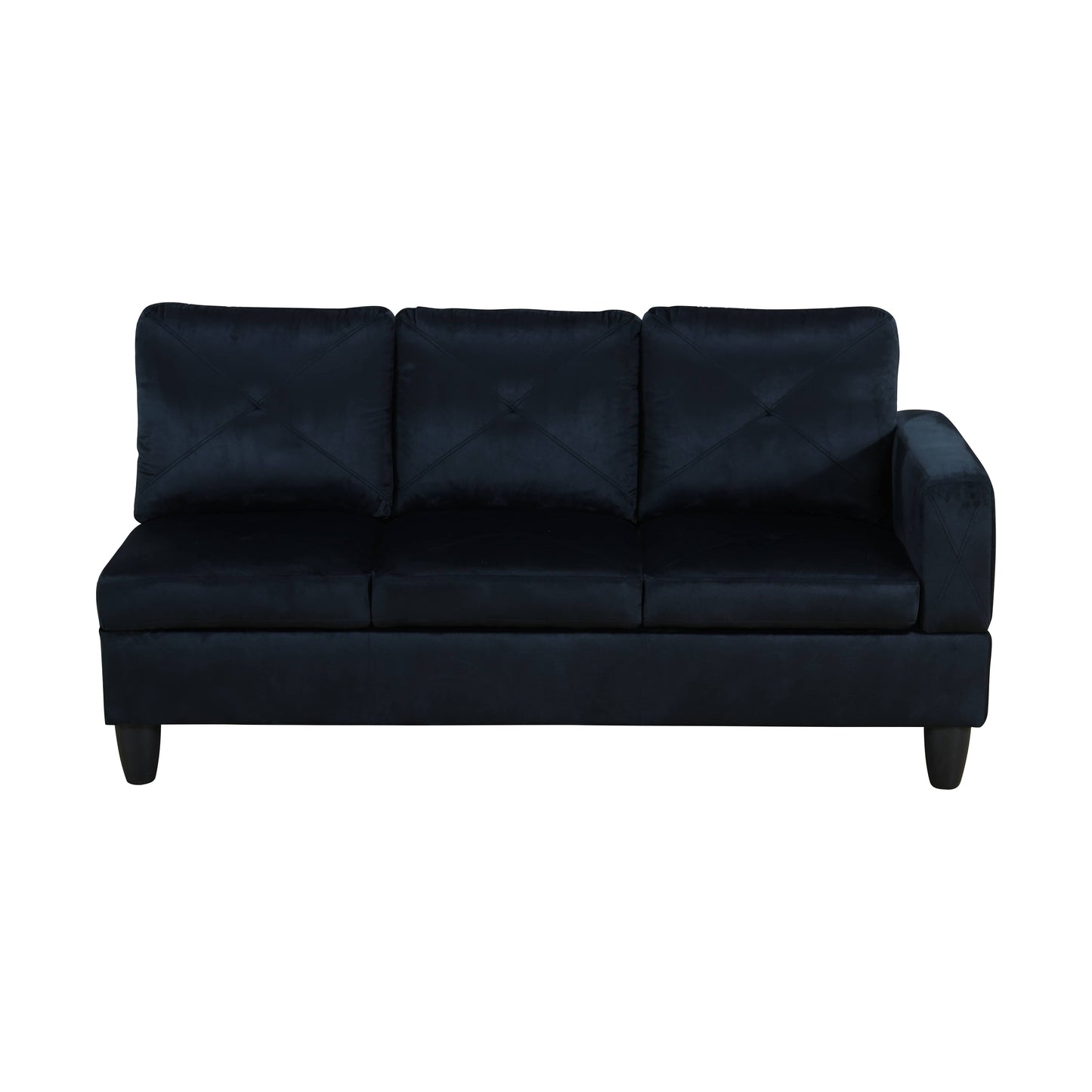 Dark navy velvet sectional sofa with tufted back cushions and tapered wooden legs