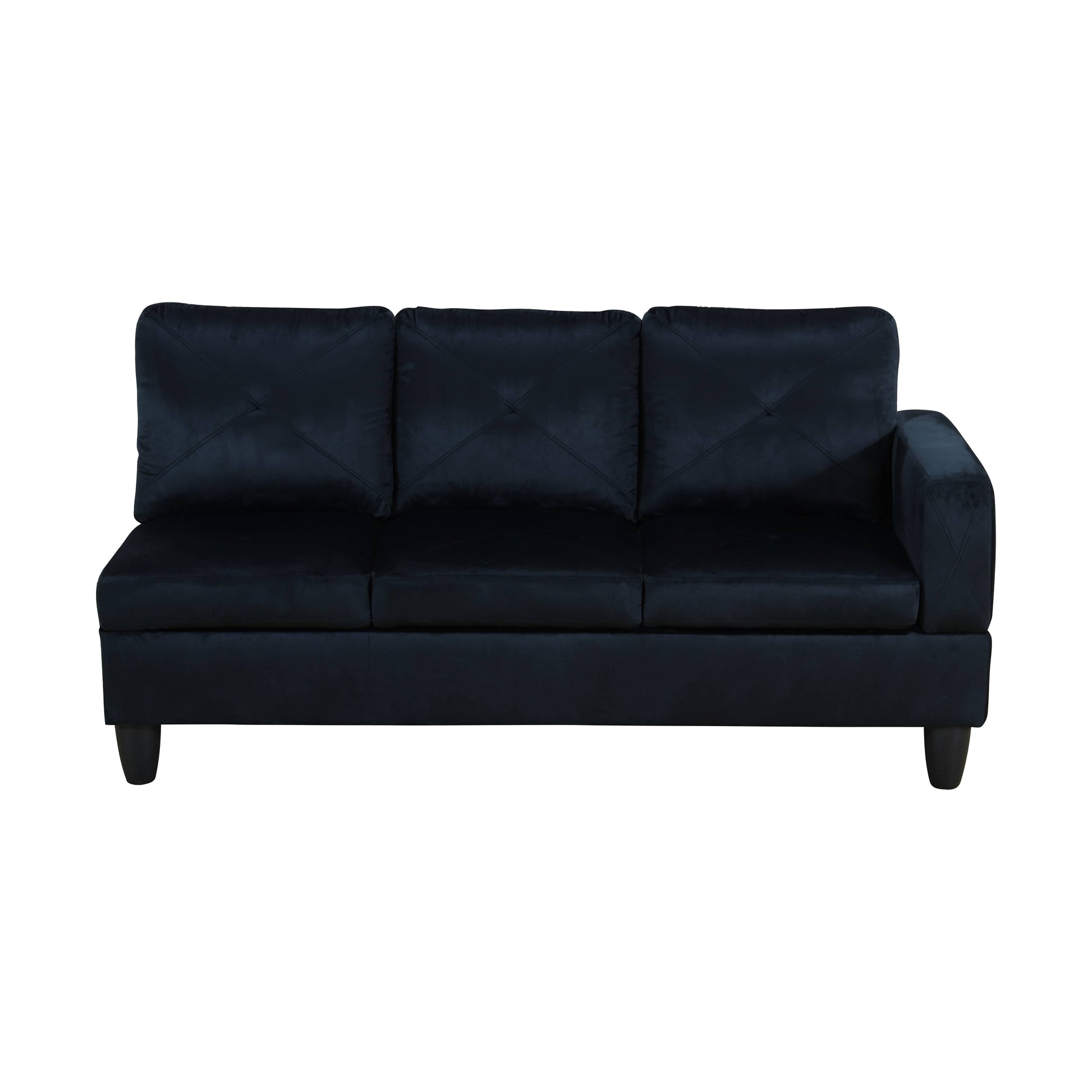 Dark navy velvet sectional sofa with tufted back cushions and tapered wooden legs