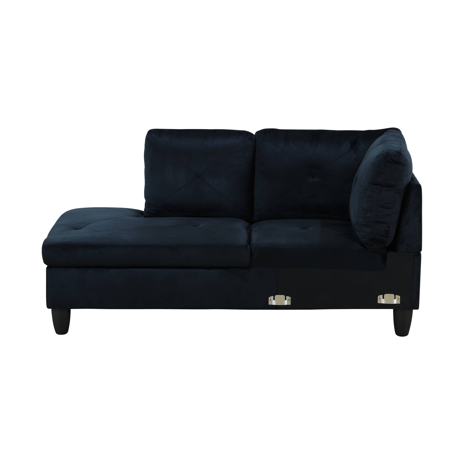 Dark blue velvet chaise lounge with tufted cushions and chrome legs