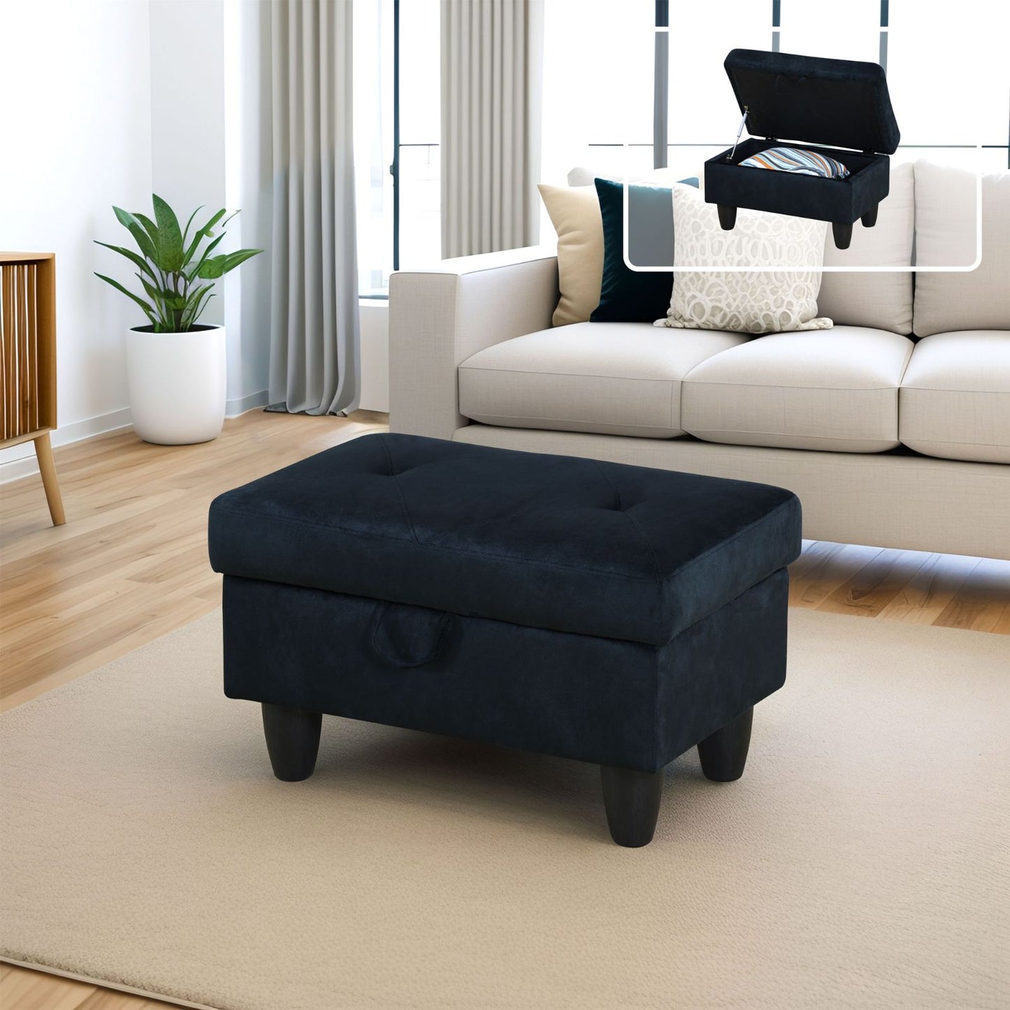 Dark navy velvet storage ottoman with tufted top and hidden storage compartment