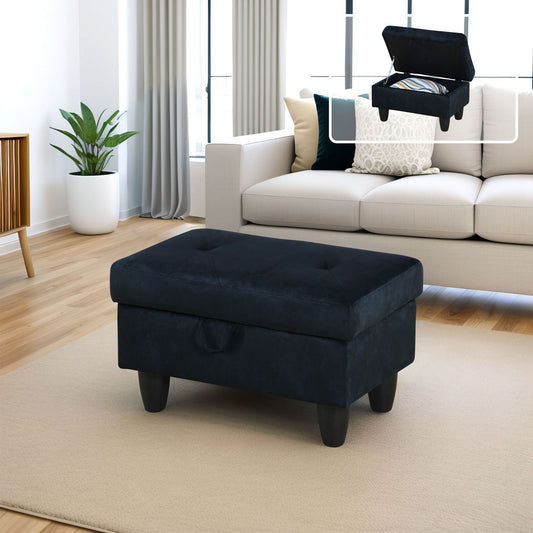 Dark navy velvet storage ottoman with tufted top and hidden storage compartment