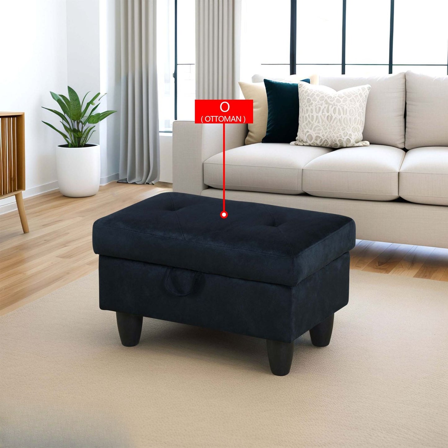 Tufted navy velvet storage ottoman with wooden legs