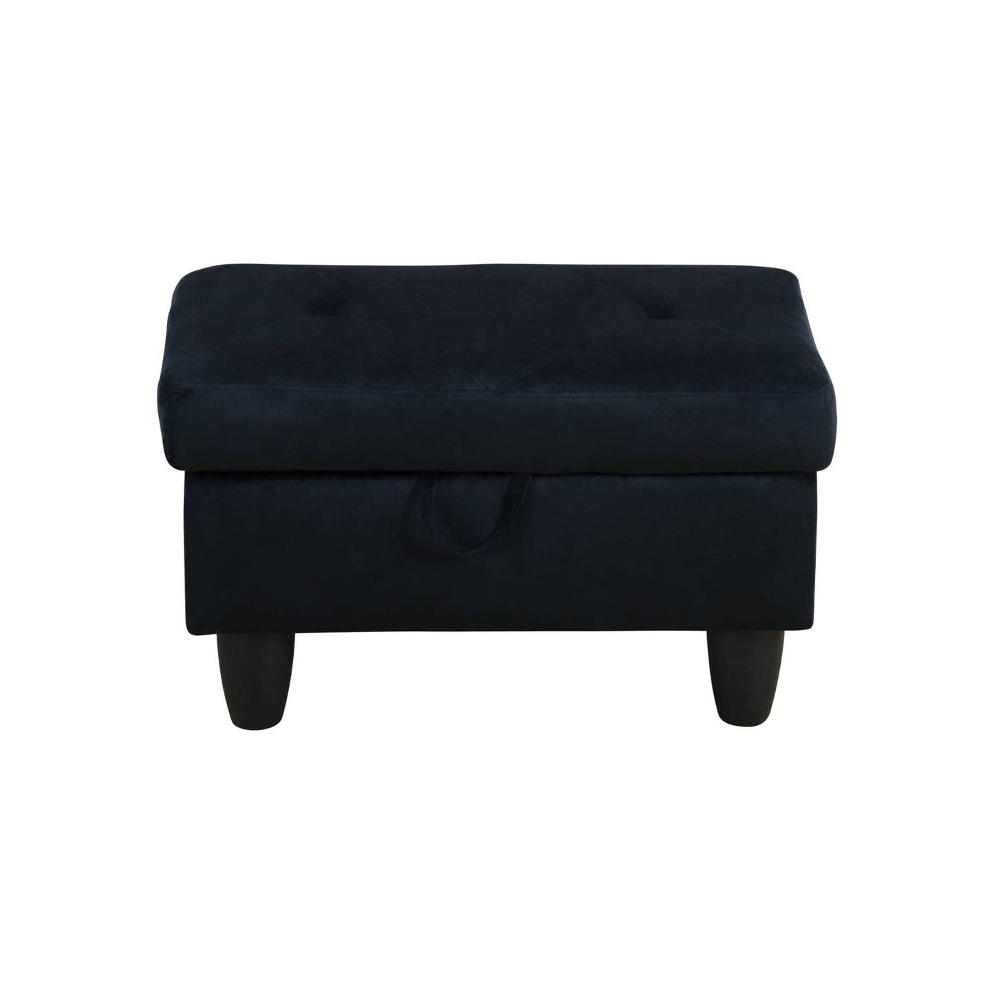 Navy velvet storage ottoman with tufted top and dark wooden legs