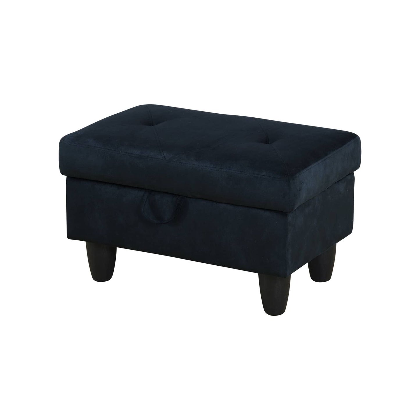 Navy velvet storage ottoman with tufted top and rounded legs